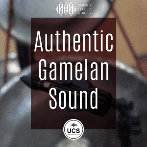 A blurred photo of gamelan instruments, "Authentic Gamelan Sound" text, for gamelan sound effects library on Sonniss.
