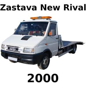 A white 2000 Zastava New Rival tow truck for vehicle sfx library cover art on Sonniss, bold model name and year shown.