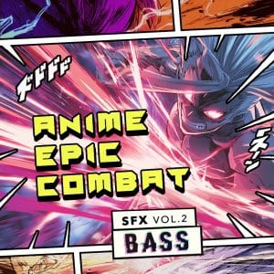 Anime character with glowing eyes amid energy bursts, promoting an anime combat sound effects library on Sonniss.
