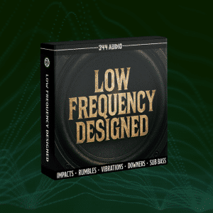 Product box for "LOW FREQUENCY DESIGNED" by 344 Audio with speaker graphic, sound categories, and green digital wave background.