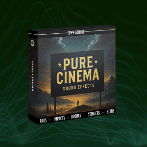 Pure Cinema Sound Effects" box by 344 Audio displaying a sunset billboard, mountains, trees, and sound types: pads, impacts, drones, stingers, stabs.