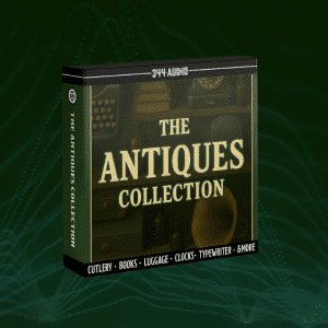 A box labeled "The Antiques Collection" by 344 Audio, with vintage items like books, typewriter, cutlery on the cover. Bottom text lists cutlery, books, luggage, clocks, typewriter, and more.