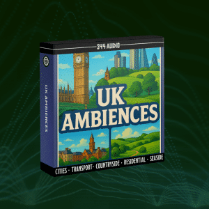 Product box labeled "UK Ambiences" featuring UK landmarks, countryside, and cityscape; text includes "Cities, Transport, Countryside, Residential, Seaside.