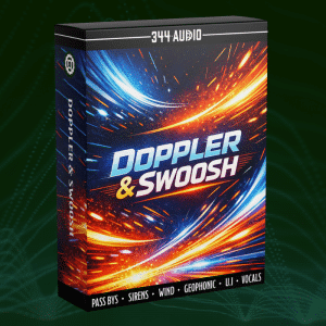 Software box labeled "Doppler & Swoosh" by 344 Audio with blue, orange, and red light streaks. Lists Pass Bys, Sirens, Wind, Geophonic, UI, Vocals.
