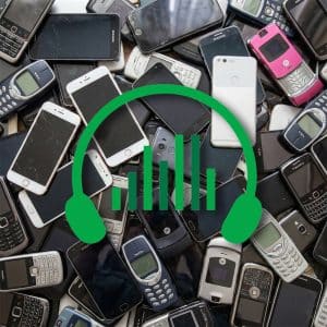 A pile of old mobile phones in various models and brands, overlaid with a green graphic of headphones and vertical sound bars.