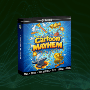 Colorful blue "Cartoon Mayhem" box with sound effect words, anvil, bells, cymbals, musical notes; highlights farts and voices.