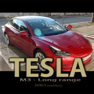 Red Tesla Model 3 parked on a city street in sunlight; gold text reads "TESLA M3 - Long range," with "24/96 FX sound library" below.
