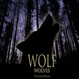 Silhouette of a howling wolf in front of a dark twilight forest. “WOLF WOLVES FX sound library” appears in large gold letters below.