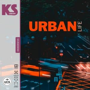 City street at night with blurred car lights, orange and white road markings, street signs, "URBAN LIFE" text right, KS Library left.