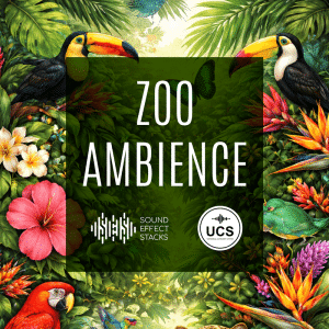 Colorful illustration featuring tropical birds, flowers, and green leaves with "Zoo Ambience" in large white letters; Sound Effect Stacks and UCS logos at the bottom.