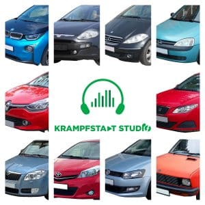Ten car front views in various colors and models encircle the green "KRAMPFSTADT STUDIO" logo with headphones and soundwave.