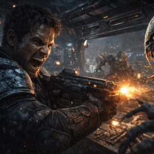 A soldier in futuristic armor fires a gun at alien creatures inside a dark metallic spaceship, with sparks and chaos surrounding them.