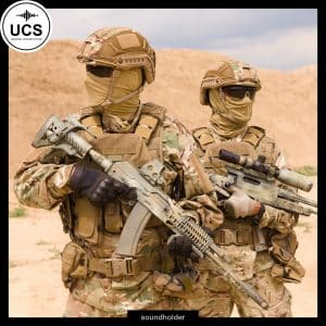 Two armed soldiers in camouflage and tactical gear stand alert, holding rifles in a desert setting, with helmets and face coverings.