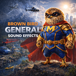 A brown bird in a blue and gold superhero costume with a red cape stands before a cityscape, mountains, bridge, vehicles, helicopters. Text: "Brown Bird General Sound Effects.
