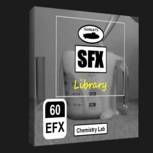 3D-rendered "SFX Library" box featuring a foaming liquid overflowing from a measuring cup, with "60 EFX" and "Chemistry Lab" text. Black and white design with yellow accents.