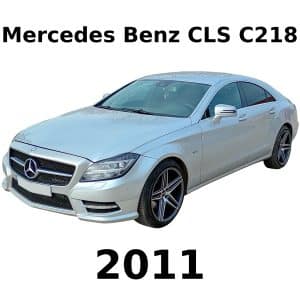 Silver Mercedes Benz CLS C218 sedan, front left view, large black wheels. Text above: "Mercedes Benz CLS C218"; below: "2011.