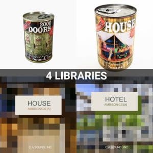 Top: Two cans labeled "2000 Doors" and "House." Bottom: Blurred squares labeled "HOUSE AMBISONICS [A]" and "HOTEL AMBISONICS [A]." Center text reads, "Coll Anderson – Complete Interiors Collection (4 Libraries).