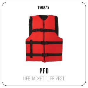 Red and black life jacket with two buckle straps on a white background. “TWRSFX” above, “PFD Life Jacket | Life Vest” below.