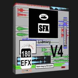Software box labeled "SFX Library V4" with colorful sound wave graphics, audio meters, sliders, "180 EFX", and "Radio Imaging Workparts" on black background.