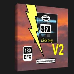 3D-rendered product box with a sunset background, large yellow lightning bolt, "SFX Library V2," "180 EFX," and waveform logo.