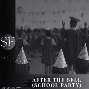 Black and white photo of children at a school party, wearing party hats and graduation caps with hands raised. "AFTER THE BELL (SCHOOL PARTY)" text appears with small print and a logo.