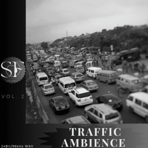 Black and white scene showing heavy traffic with cars, buses, crowds, and trees. Text: "SP Vol. 2 Traffic Ambience, 24Bit/96kHz WAV.