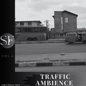 Black and white street scene with a large bus and pickup truck parked by the roadside, multi-storey building in background, "TRAFFIC AMBIENCE" label at bottom.