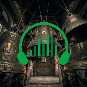 Large bronze church bells with religious icons hang in a stone bell tower, overlaid with a green music equalizer and headphones graphic.