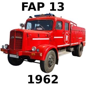 Vintage red fire truck labeled "FAP 13" with "1962" above and below, featuring classic design and white stripes along the side.