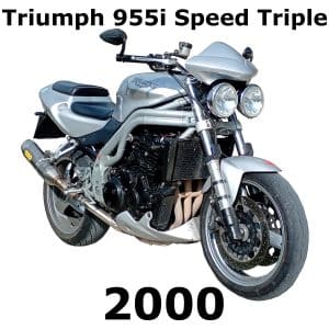 Silver 2000 Triumph 955i Speed Triple motorcycle at an angle, showing dual headlights and sporty lines; text shows make, model, year.
