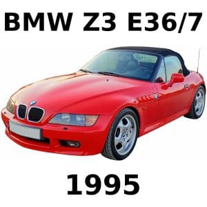 Red 1995 BMW Z3 E36/7 convertible, front left view, black soft top, five-spoke wheels. Large text shows model and year.