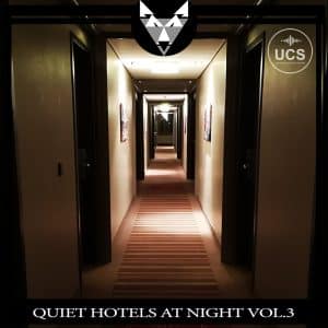 Dimly lit hotel hallway with closed doors, striped carpet, soft lighting. "QUIET HOTELS AT NIGHT VOL.3" at bottom, logos in corners.