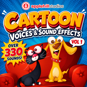 Cartoon dog and cat with excited expressions sit on a red couch. Text: "applehillstudios, CARTOON VOICES & SOUND EFFECTS VOL 1, OVER 330 SOUNDS!" Blue background with comic-style patterns.