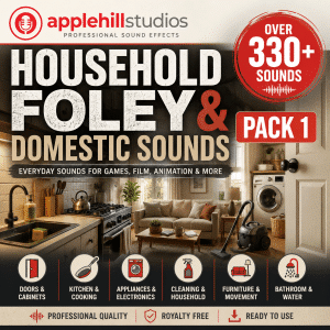 Applehill Studios "Household Foley & Domestic Sounds Pack 1" promo with icons for sound categories and kitchen, living room photos.