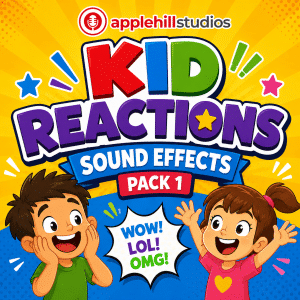 Two cartoon children, hands raised and mouths open, react under "applehill studios KID REACTIONS SOUND EFFECTS PACK 1" text; speech bubbles say "WOW! LOL! OMG!" on a bright background.