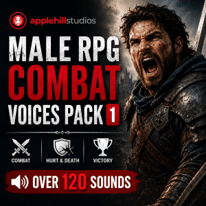 A rugged man in medieval armor shouts. Text reads: applehill studios Male RPG Combat Voices Pack 1, over 120 sounds. Sword, shield, and trophy icons.