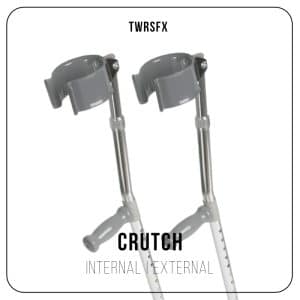Two adjustable gray forearm crutches with ergonomic handles and arm cuffs stand upright on a white background. "CRUTCH INTERNAL | EXTERNAL" appears below.