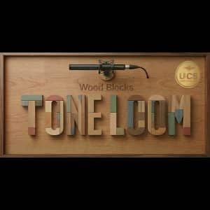 Framed wooden sign with colorful blocks spelling "Tone Loom," a microphone above labeled "Wood Blocks," and a gold UCS seal on the right.