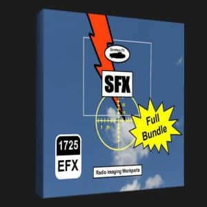 Digital product box labeled "SFX Full Bundle" featuring a lightning bolt, crosshair, clouds, and text: "1725 EFX," "Radio Imaging Workparts.