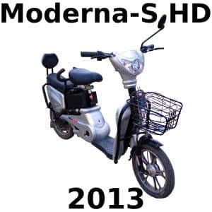 Black and silver Moderna-S HD electric scooter with front basket and rear seat on white background, "Moderna-S HD" above, "2013" below.