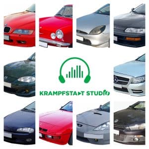 Eight car front ends form a grid around the green Krampfstaat Studio logo with headphones and a sound wave above the studio name.