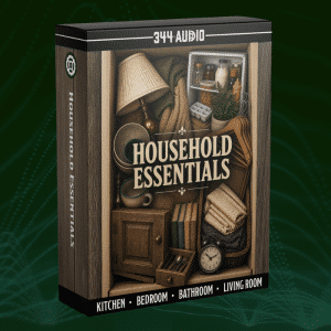 Product box labeled "Household Essentials" shows a lamp, folded towels, kitchen jars, and books; categories listed on box: Kitchen, Bedroom, Bathroom, Living Room.