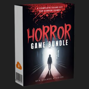 Box labeled "Horror Game Bundle" with a child’s silhouette in a foggy hallway, backlit. Red text and blood spatters complete the scene.