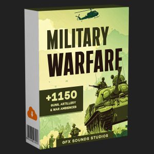 Product box for "Military Warfare" with tank, soldiers, helicopter; "+1150 guns, artillery & war ambiences." "GFX Sounds Studios.