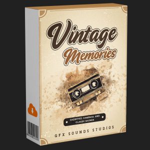 Product box labeled "Vintage Memories" featuring a cassette tape illustration and text by GFX Sounds Studios on a beige retro background.