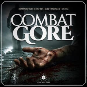 A bloodied hand rests on a wet, dimly lit floor; shadowy figure in background. "COMBAT GORE" text with blood effects at center.
