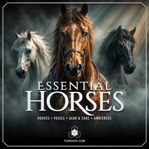 Three horses—white, brown, and black—stand side by side in mist. Foreground text: "Essential Horses: Hooves, Voices, Gear & Care, Ambiences." fusehive.com logo at the bottom.