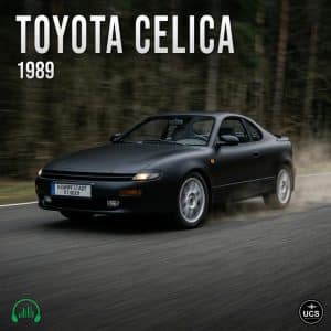 Black 1989 Toyota Celica driving on a road with blurred forest background. "Toyota Celica 1989" text at top, logos in corners.