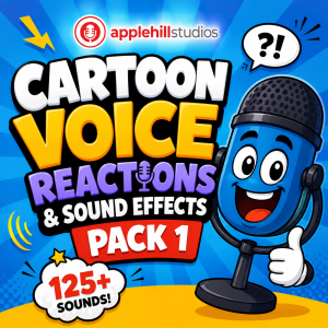 Promotional image for "Cartoon Voice Reactions & Sound Effects Pack 1" by applehillstudios, with a cartoon microphone and "125+ Sounds!.