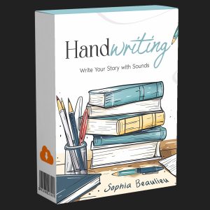 Book titled "Handwriting: Write Your Story with Sounds" by Sophia Beaulieu, cover shows stacked books, paintbrushes, and a pen.